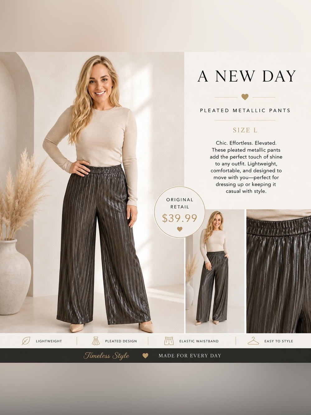 a new day Metallic Pleated Wide-Leg Pants - Charcoal